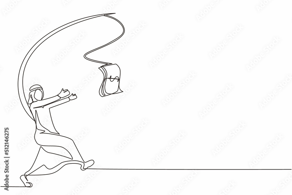 Single continuous line drawing greedy Arabian businessman or manager is running after money. Greedy man in business suit with attached rod and dollar. One line draw graphic design vector illustration Single continuous line drawing greedy Arabian businessman or manager is running after money. Greedy man in business suit with attached rod and dollar. One line draw graphic design vector illustration