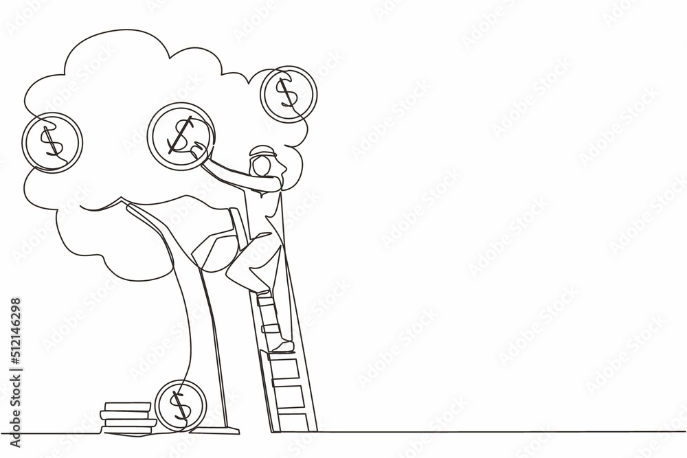 Single one line drawing Arab businessman picking dollars from money tree. Money plant. Business growth, financial success concept. Investment and banking income. Continuous line design graphic vector