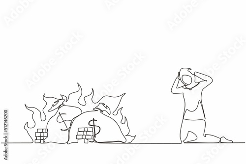 Single one line drawing upset Arabian businesswoman kneeling. Finances burning up. Global financial crisis, inflation. Bankruptcy. Inability to do business and pay bills. Continuous line design vector