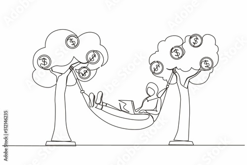Single one line drawing happy rich Arab businesswoman typing with laptop in hammock tied on money tree with dollar coins. Make profit or dividend from investment. Continuous line design graphic vector