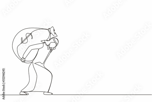 Single continuous line drawing Arab businessman carrying big and heavy money bag on his back. Financial problem, taxation burden or business debt, deadline concept. One line draw graphic design vector