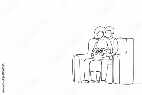 Single continuous line drawing happy pregnant woman holding baby shoes and her husband on sofa at home. pregnant woman and her husband holding baby shoes and hugging tummy. One line draw design vector