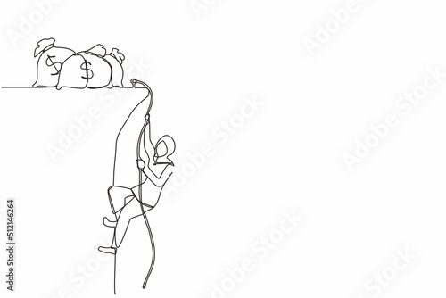 Continuous one line drawing Arabian businesswoman doing rope climbing towards money bag. Climber hanging on rope, pulling himself on top of rocky mountain wall. Single line draw design vector graphic