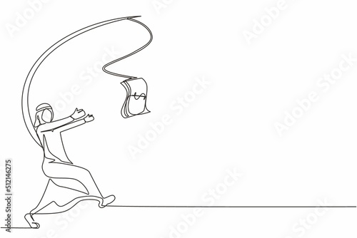 Single continuous line drawing greedy Arabian businessman or manager is running after money. Greedy man in business suit with attached rod and dollar. One line draw graphic design vector illustration