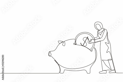Continuous one line drawing Arab businesswoman putting dollar coin into piggy bank. Money savings, personal investment, finance, funding, bank deposit, capital accumulation. Single line design vector