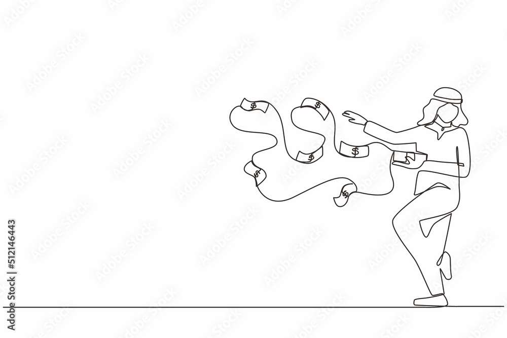 Fototapeta premium Single one line drawing happy Arabic businessman millionaire throw out pile of money banknotes flying into the air. Success and wealthy fortune entrepreneur. Continuous line draw design graphic vector