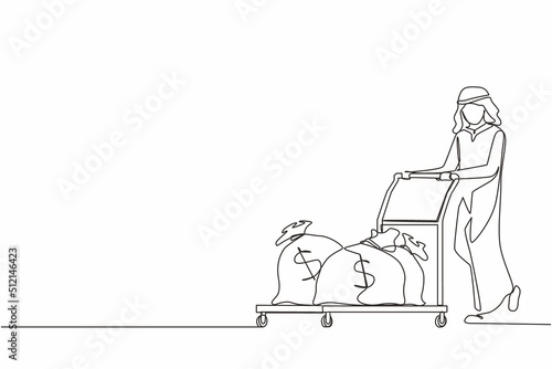 Continuous one line drawing Arabian businessman push cart with money bags. Reward or profit concept. Man employee with salary. Investor carries money to startup. Single line draw design vector graphic