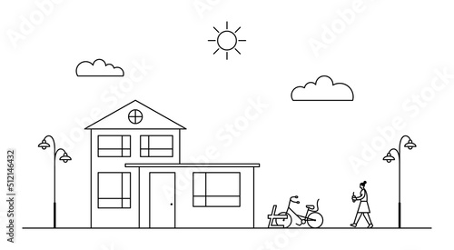 Line art vector neighborhood illustration with house, wheel and woman. Cityscape with black residential building.