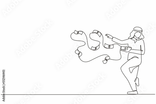 Single one line drawing happy Arabic businessman millionaire throw out pile of money banknotes flying into the air. Success and wealthy fortune entrepreneur. Continuous line draw design graphic vector