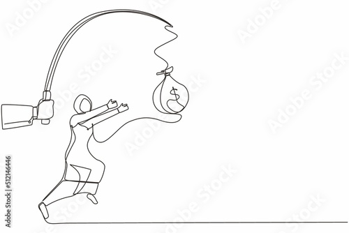 Continuous one line drawing hand with fishing pole and money bag control greedy Arab businesswoman under hypnosis. Woman running after dangling money bag, trying to catch it. Single line design vector