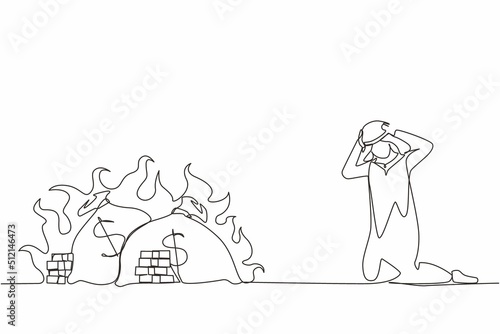 Continuous one line drawing upset Arab businessman kneeling. Finances burning up. Global financial crisis, inflation. Bankruptcy. Inability to do business and pay bills. Single line draw design vector
