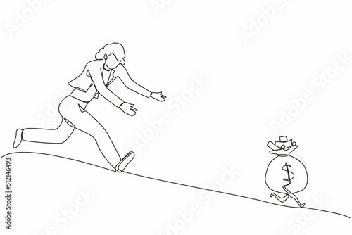 Single continuous line drawing businesswoman chasing money bag dollar run away. Concept of achieving goals and profits, striving for success, running for money. One line draw graphic design vector