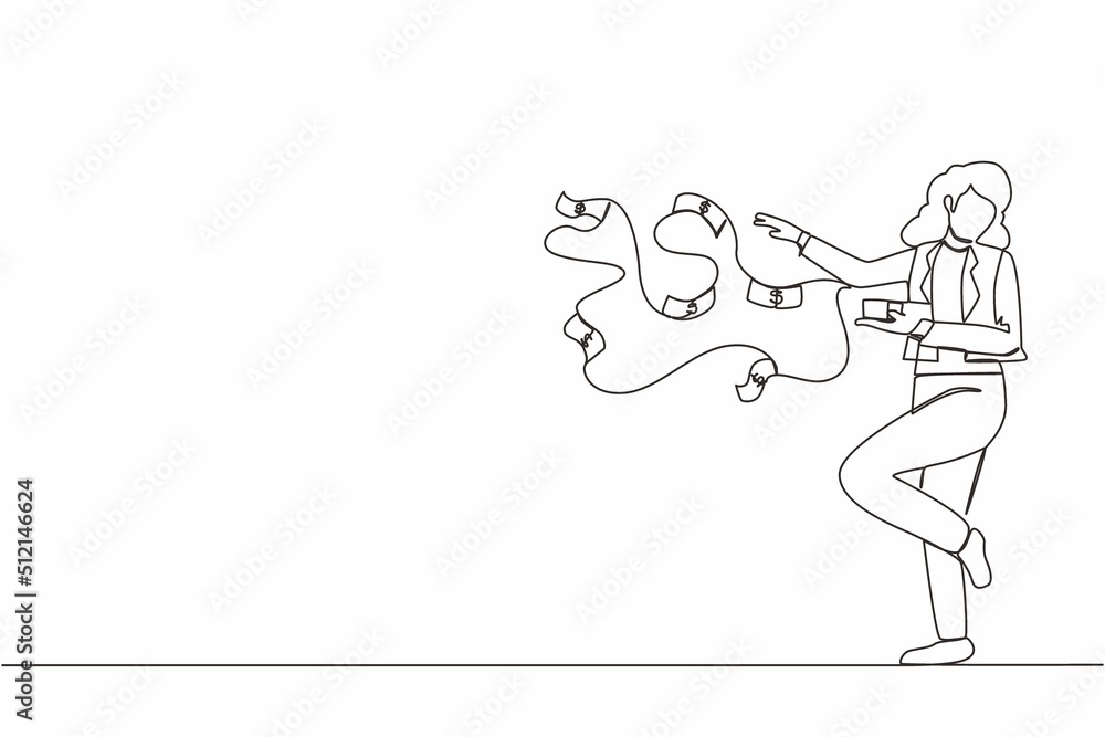 Fototapeta premium Single one line drawing happy businesswoman millionaire throw out pile of money banknotes flying into the air. Success and wealthy fortune entrepreneur. Continuous line draw design graphic vector