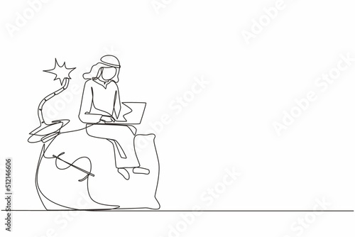 Single one line drawing Arab businessman sitting on huge bomb with burning fuse and money bag. Financial problem, taxation burden or business debt, deadline. Continuous line draw design graphic vector
