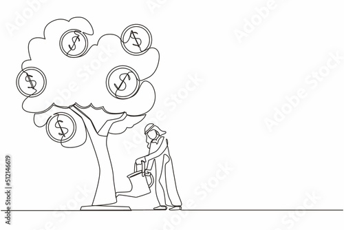 Single continuous line drawing Arabic business investment with money tree illustration. Man watering tree with coins dollar symbols. Business development, profit growth. One line graphic design vector