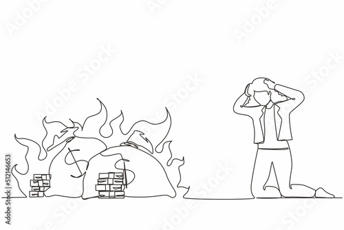 Single continuous line drawing upset businesswoman kneeling. Finances burning up. Global financial crisis, inflation. Bankruptcy. Inability to do business and pay bills. One line draw design vector