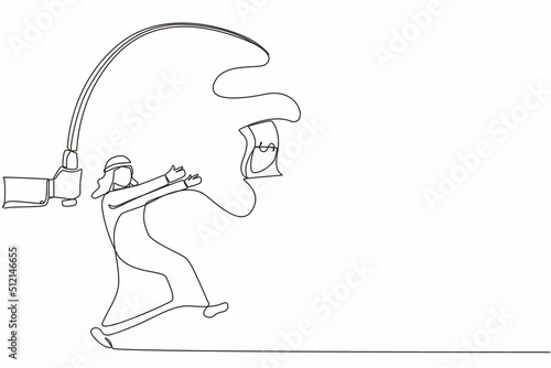 Continuous one line drawing hand with fishing pole and dollar cash control greedy Arab businessman under hypnosis. Man running after dangling dollar, trying to catch it. Single line draw design vector