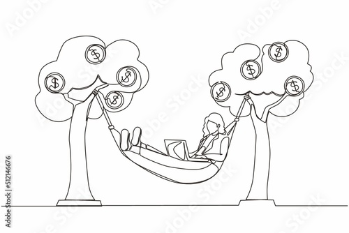 Continuous one line drawing happy rich businesswoman typing with laptop in hammock tied on money tree with dollar coins. Make profit or dividend from investment. Single line draw design vector graphic