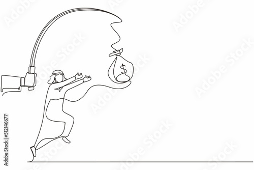 Single one line drawing hand with fishing pole and money bag control greedy Arabian businessman under hypnosis. Man running after dangling money bag, trying to catch it. Continuous line design vector