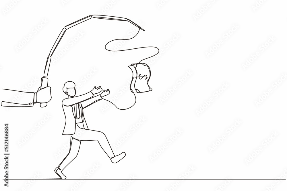 Single continuous line drawing hand with fishing pole and dollar cash control greedy businessman under hypnosis. Man running after dangling dollar and trying to catch it. One line draw design vector Single continuous line drawing hand with fishing pole and dollar cash control greedy businessman under hypnosis. Man running after dangling dollar and trying to catch it. One line draw design vector