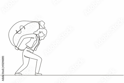 Single continuous line drawing businesswoman carrying big and heavy money bag on his back. Financial problems, taxation burden or business debt, deadline concept. One line draw graphic design vector