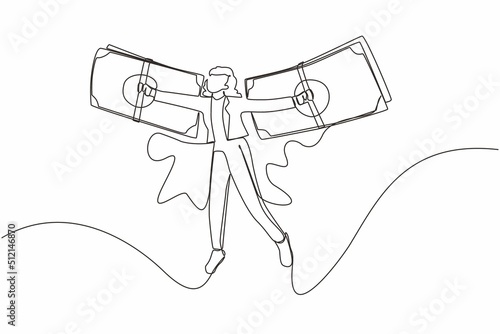 Continuous one line drawing businesswoman flying on money wings. Financial freedom concept, depicting woman flying on wings made of currency bills. Single line draw design vector graphic illustration