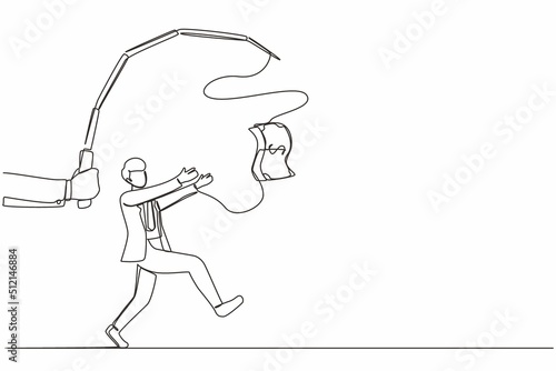Single continuous line drawing hand with fishing pole and dollar cash control greedy businessman under hypnosis. Man running after dangling dollar and trying to catch it. One line draw design vector