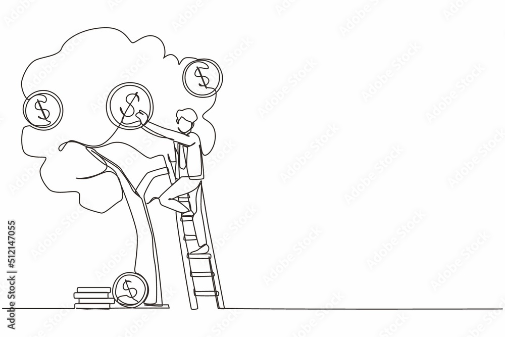 Single continuous line drawing businessman picking dollars from money tree. Money plant. Business growth, financial success concept. Investment and banking income. One line draw graphic design vector