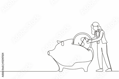 Single continuous line drawing businesswoman putting dollar coin into piggy bank. Money savings, personal investment, finance, funding, bank deposit, capital accumulation. One line draw design vector