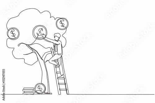 Single continuous line drawing businessman picking dollars from money tree. Money plant. Business growth, financial success concept. Investment and banking income. One line draw graphic design vector