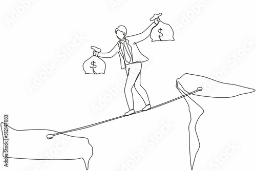 Single continuous line drawing businessman walk over cliff gap mountain carry two money bag risking dangerous. Young male walking balance on rope bridge. One line graphic design vector illustration