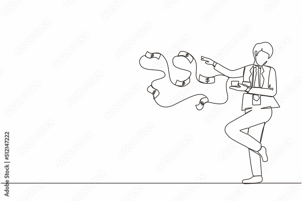 Single continuous line drawing happy businessman millionaire throw out pile of money banknotes flying into the air. Success and wealthy fortune entrepreneur. One line draw design vector illustration Single continuous line drawing happy businessman millionaire throw out pile of money banknotes flying into the air. Success and wealthy fortune entrepreneur. One line draw design vector illustration