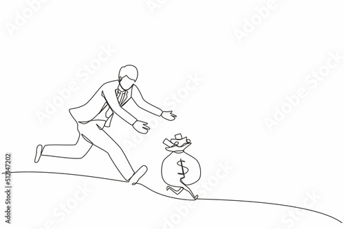 Single continuous line drawing businessman chasing money bag dollar run away. Concept of achieving goals and profits, striving for success, running for money. One line draw design vector illustration