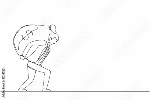 Continuous one line drawing businessman carrying big and heavy money bag on his back. Financial problems, taxation burden or business debt, deadline concept. Single line draw design vector graphic