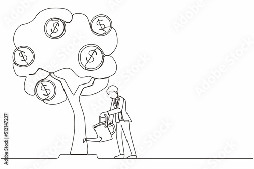 Single one line drawing business investment with money tree illustration. Man watering tree with coins dollar symbols. Business development, profit growth. Continuous line draw design graphic vector