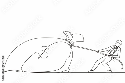 Continuous one line drawing businessman is struggling to pull big bag of money because it is too heavy. Corporate competition or business challenge. Single line draw design vector graphic illustration