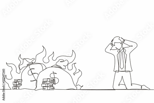 Single continuous line drawing upset businessman kneeling. Finances burning up. Global financial crisis, inflation. Bankruptcy. Inability to do business and pay bills. One line graphic design vector