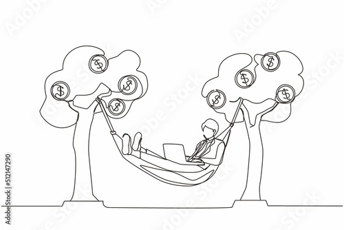 Single one line drawing happy rich businessman typing with laptop in hammock tied on money tree with dollar coins. Make profit or dividend from investment. Continuous line draw design graphic vector