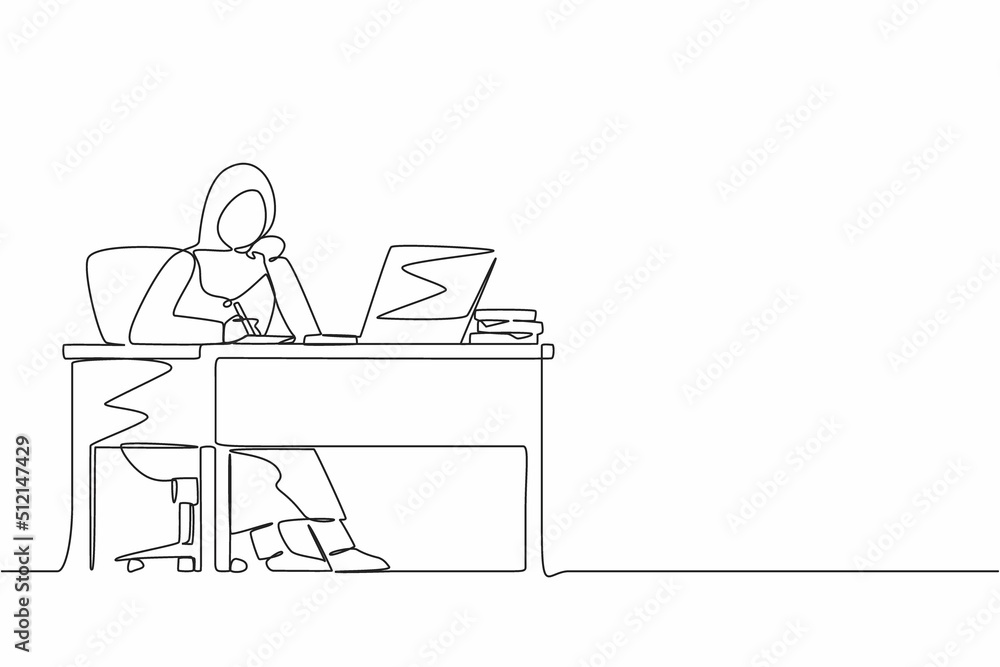 Continuous one line drawing Arabian businesswoman writing sitting in front of laptop at table. Female studying and writing in notebook, at desk in front of computer. Single line design vector graphic