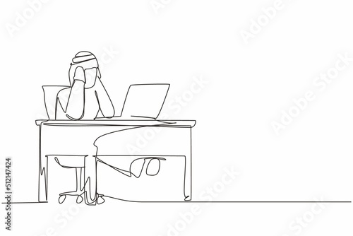 Continuous one line drawing tired office worker man character. Arabian male work at laptop feeling bad. Hold his head. Headache sick, exhausted, stressed, depression. Single line design vector graphic