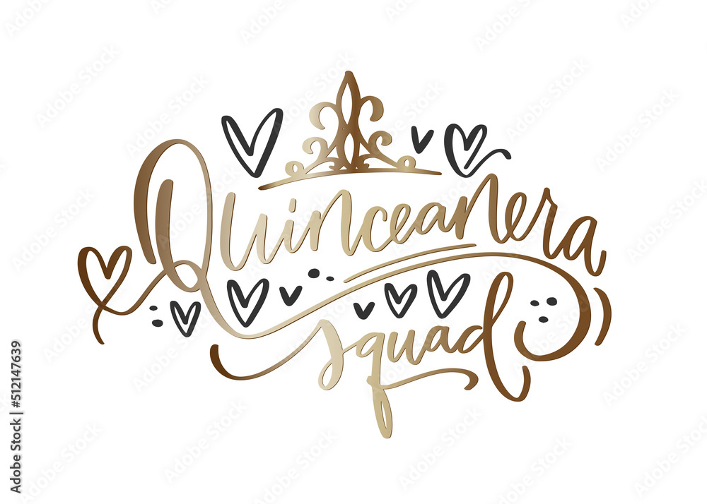 Quinceañera squad calligraphy black, white and elegant gold vector