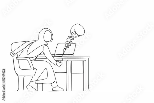 Single one line drawing sad Arabic woman using social media and being punched by boxing gloves from computer laptop. Cyber bullying, online harassment using social media. Continuous line design vector