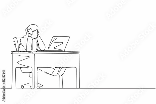 Single continuous line drawing tired office worker woman character. Girl work at laptop feeling bad. Hold her head. Headache sick, exhausted, stressed, depression. One line draw graphic design vector