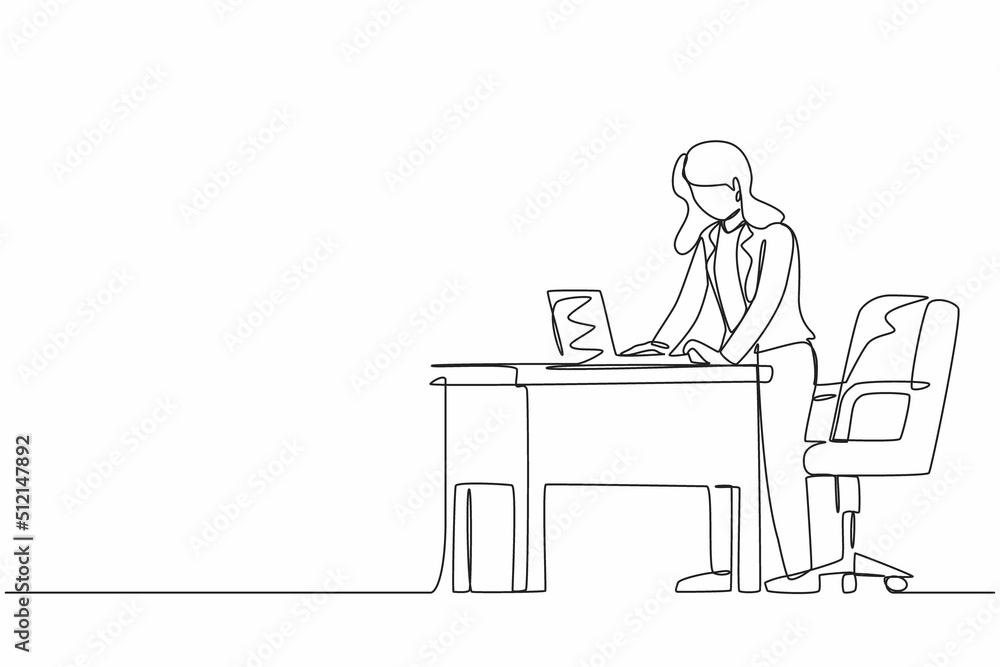 Single continuous line drawing woman employee working at ergonomic workstation. Office furniture with computer and laptop. Female standing on foot rest behind desk. One line draw graphic design vector Single continuous line drawing woman employee working at ergonomic workstation. Office furniture with computer and laptop. Female standing on foot rest behind desk. One line draw graphic design vector