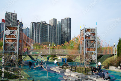 CHICAGO, ILLINOIS, UNITED STATES - 11 May 2018: Children's playground at Maggie Daley Park in downtown Chicago