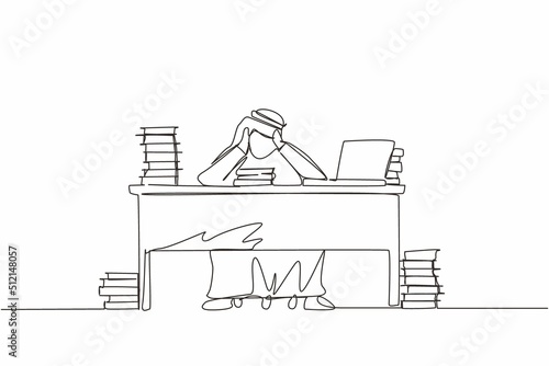 Single continuous line drawing stressed Arab businessman throwing tantrum in office holding his hands to his head shouting while seated at desk surrounded by files. One line draw graphic design vector