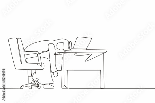 Single one line drawing professional burnout syndrome. Exhausted sick tired Arab male manager in office sad boring sitting with head down on laptop. Continuous line design graphic vector illustration
