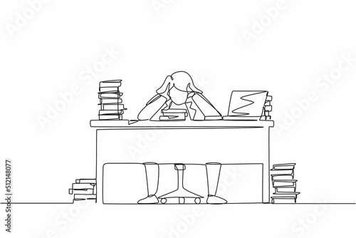 Single continuous line drawing stressed businesswoman throwing tantrum in office holding her hands to his head shouting while seated at a desk surrounded by files. One line draw graphic design vector
