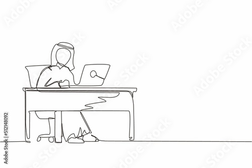 Single one line drawing male works in office. Arabic businessman working, typing and sending messages. Work, table, computer. Workplace and communication concept. Continuous line design graphic vector