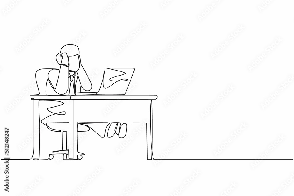 Continuous one line drawing tired office worker man character. Male work at laptop feeling bad. Hold his head. Headache sick, exhausted, stressed, depression. Single line draw design vector graphic